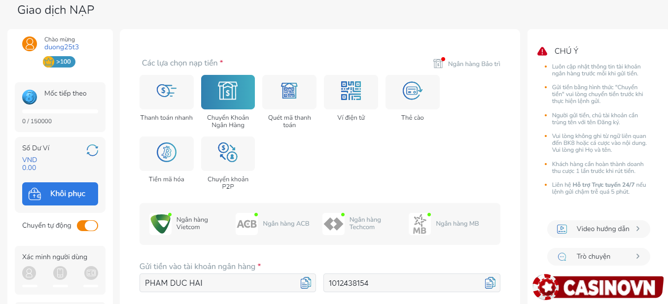 Gửi tiền với sự trợ giúp của ngân hàng trong sòng bạc